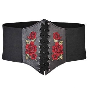 Plus Corset Belt 1X 2X Red Rose Embroidery Lace Up Front Helps Conceal Waist NWT